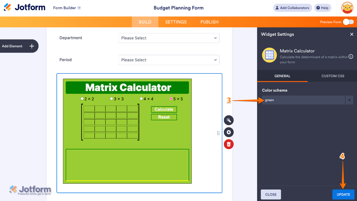 Matrix Calculator widget settings panel showing the Color Scheme option for customizing the calculator’s appearance