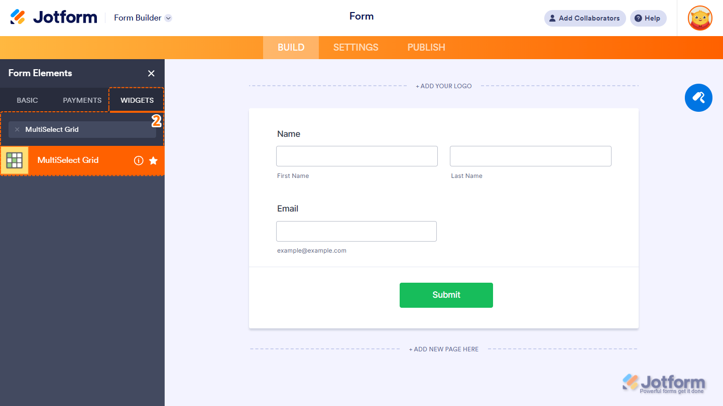 MultiSelect Grid option in the Widgets tab of Jotform Form Builder