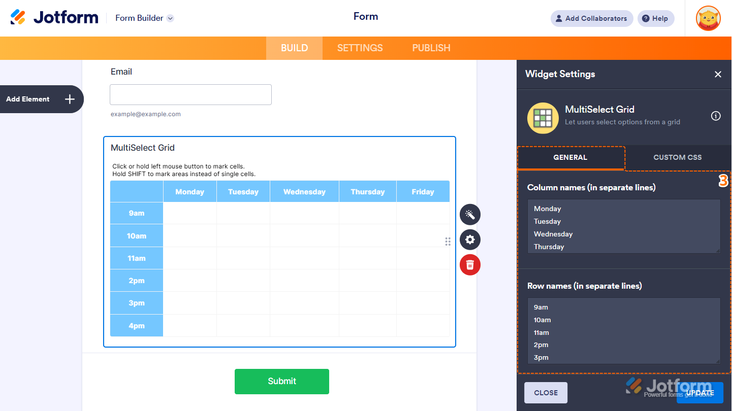 Column and Row Names in the MultiSelect Grid widget settings