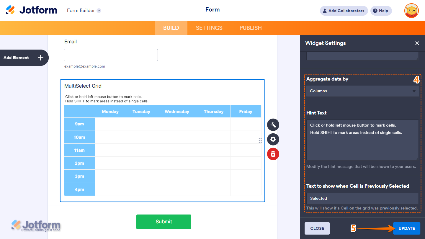 Aggregate Data By, Hint Text, and Text to Show options in the MultiSelect Grid widget settings