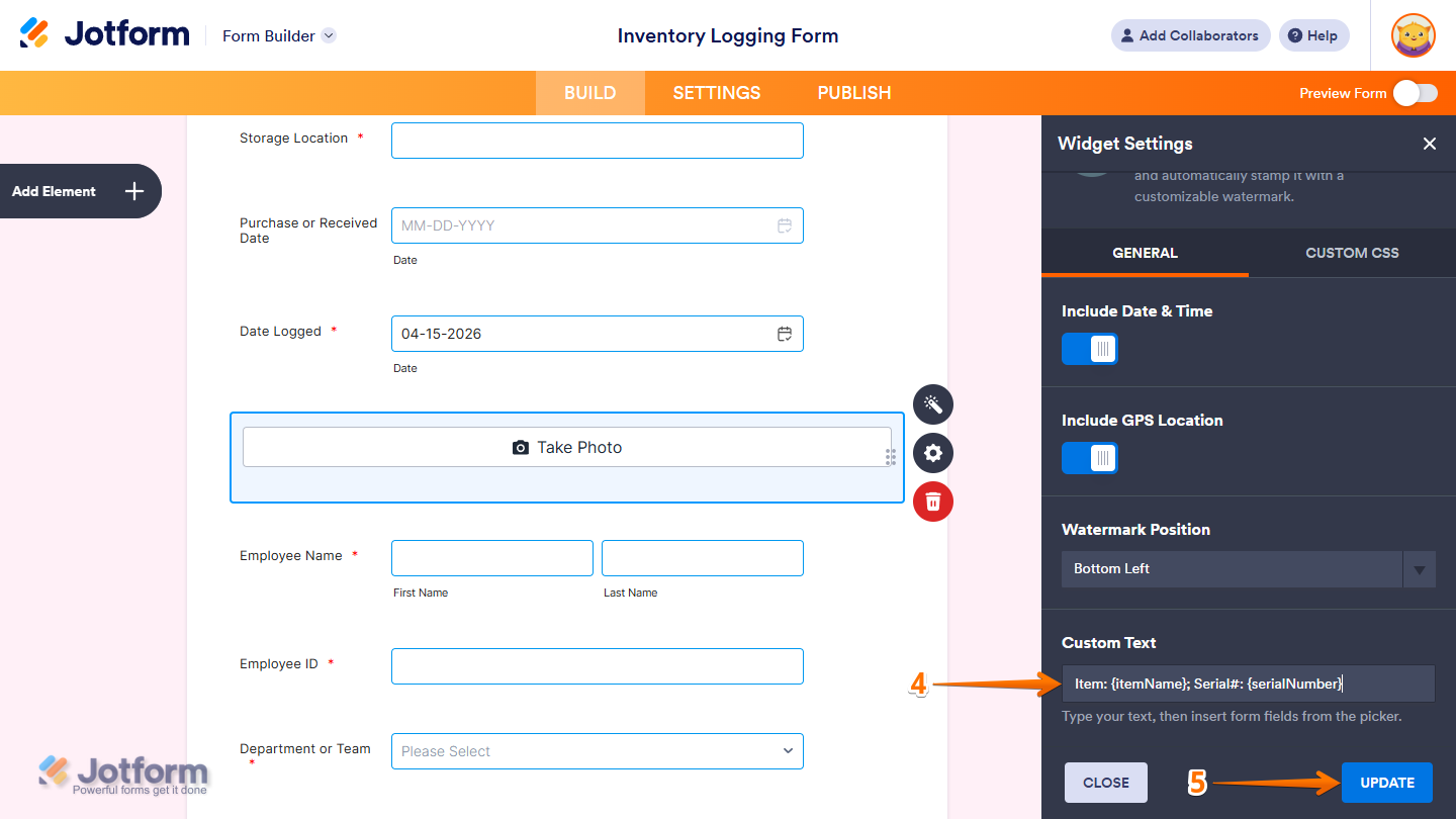 Custom Text setting in the Widget Settings in Jotform Form Builder