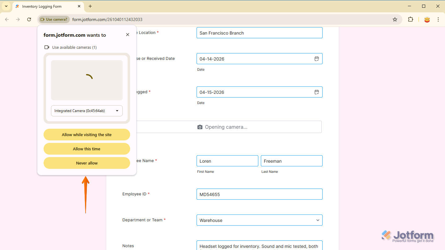 Allow Camera Access on web browser for the Photo Watermark widget on a Jotform Demo Form