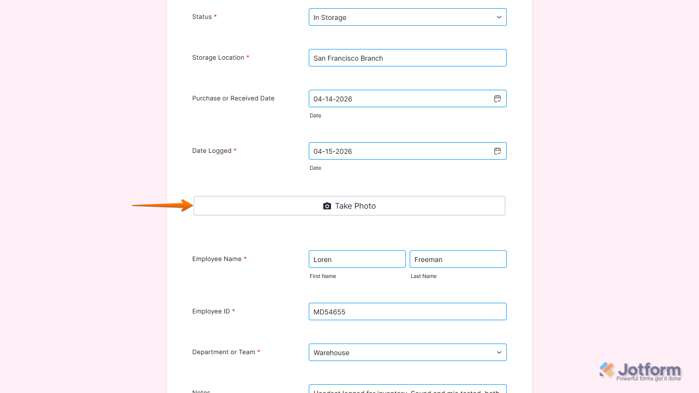 Take Photo button on the Photo Watermark widget on a Jotform Demo Form