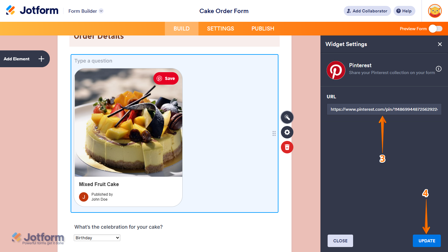 Pinterest Widget Settings in Jotform Form Builder