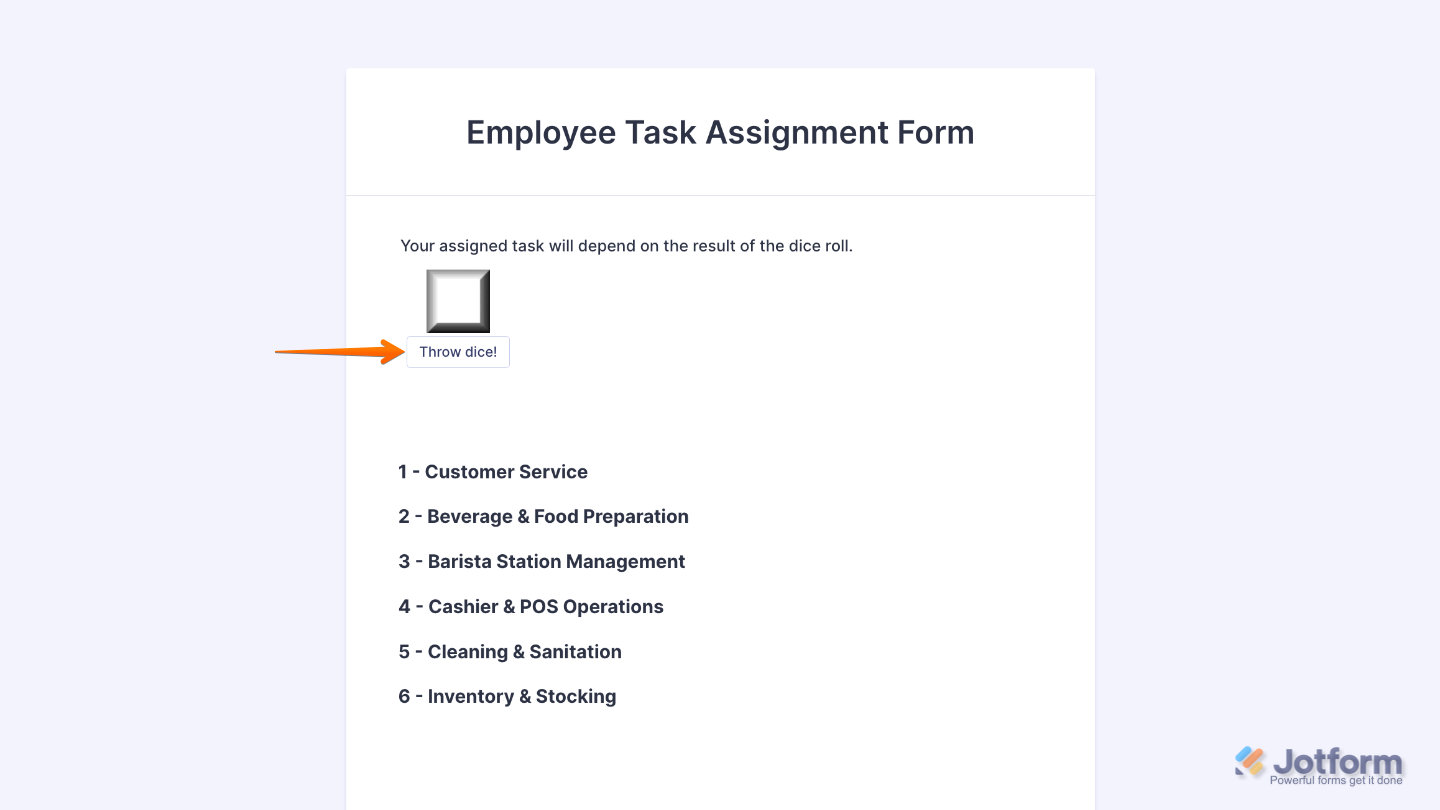 Form with the Roll Dice widget added, allowing users to generate random numbers interactively