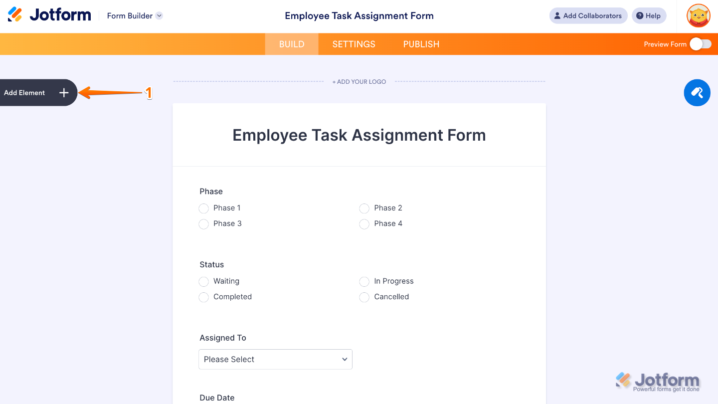 Form Builder interface highlighting the Add Element button on the left panel to add new fields and widgets