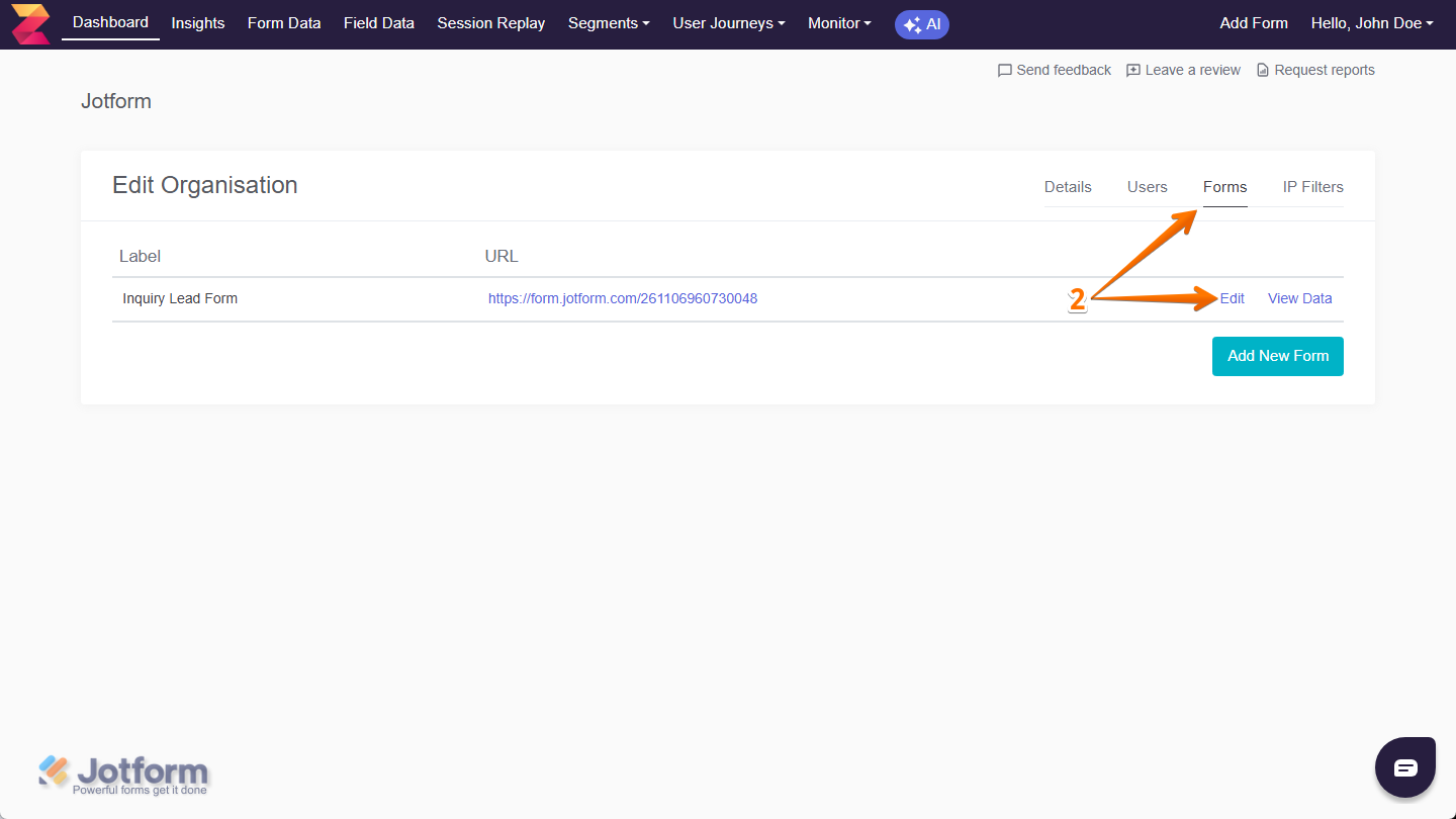Edit button of a form in the Forms tab of the Edit Organisation section in Zuko Dashboard