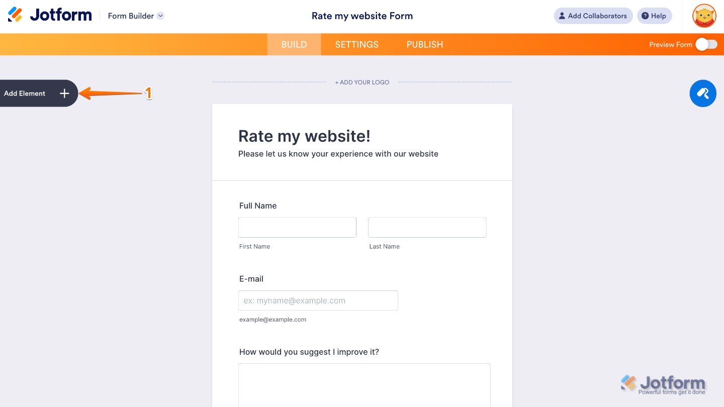 Form Builder interface highlighting the Add Element button on the left panel to add new fields and widgets