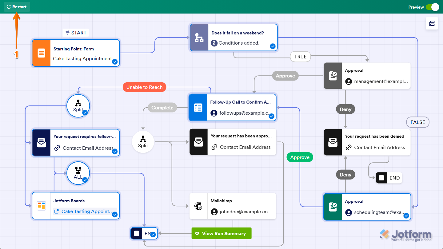 Restart button in Jotform Workflow Builder Preview mode