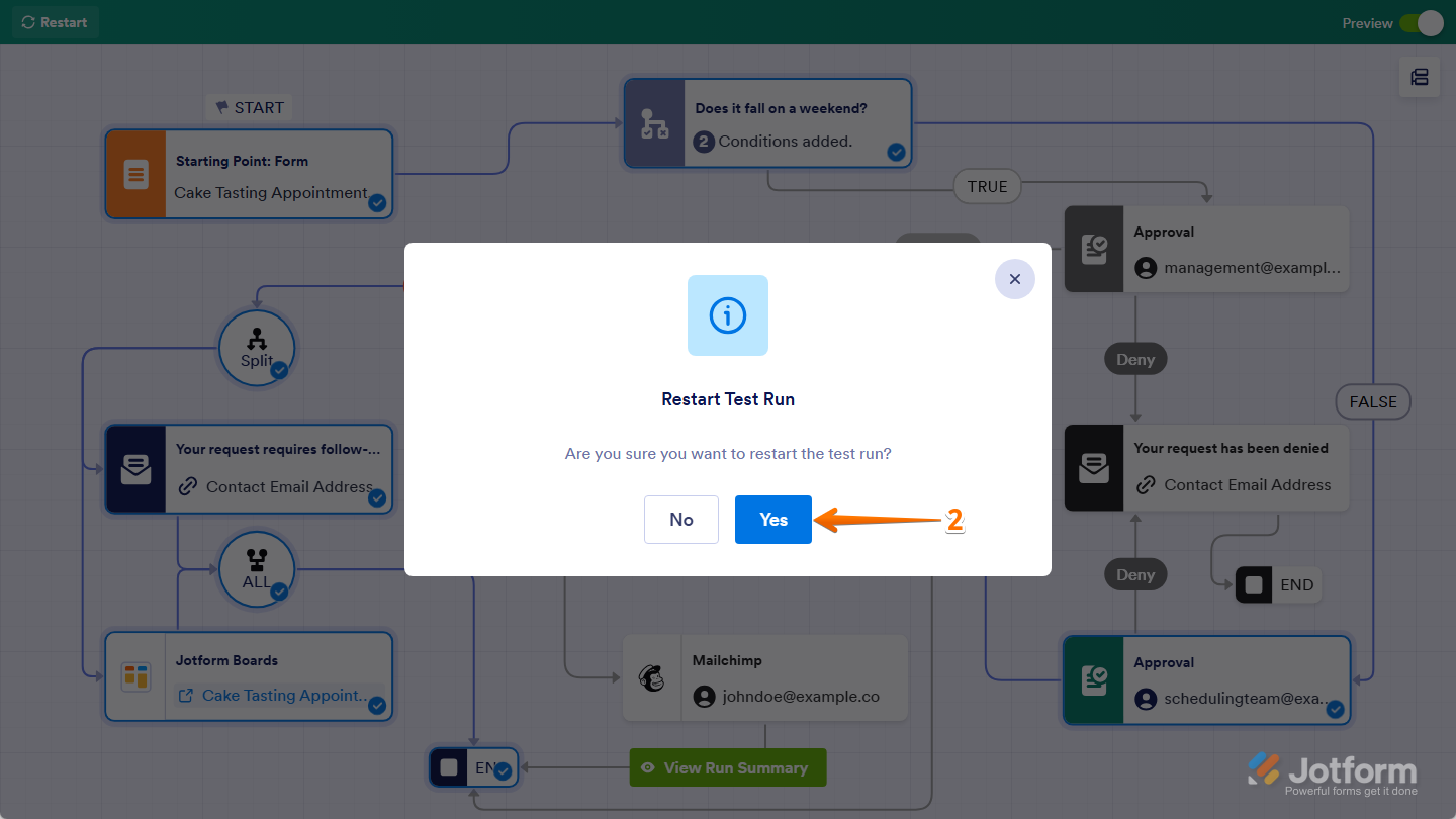 Yes button in the Restart Test Run window in Jotform Workflow Builder Preview mode