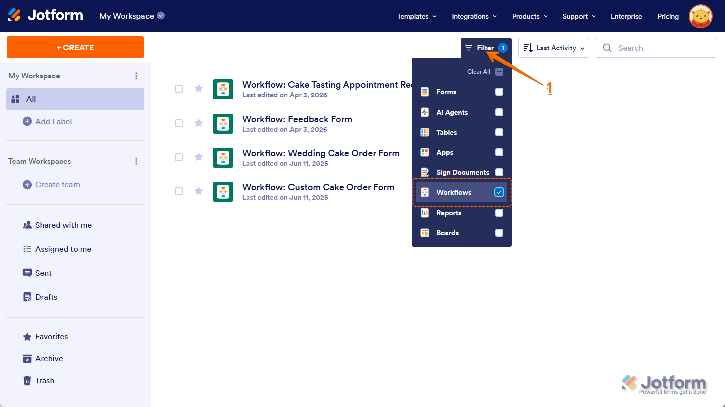 Workflows option in the Filter Dropdown menu on the Jotform Workspace page