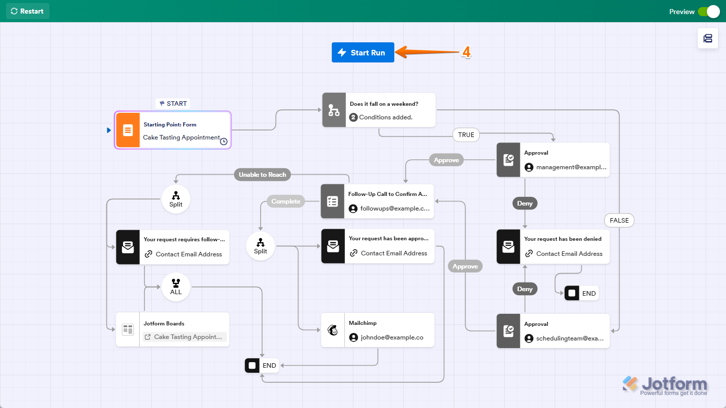 Start Run button in Jotform Workflow Builder Preview mode