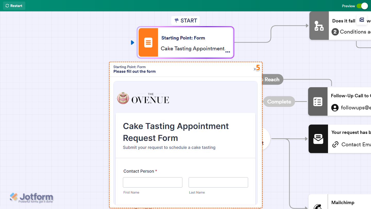 Startign Point Form in Jotform Workflow Builder Preview mode