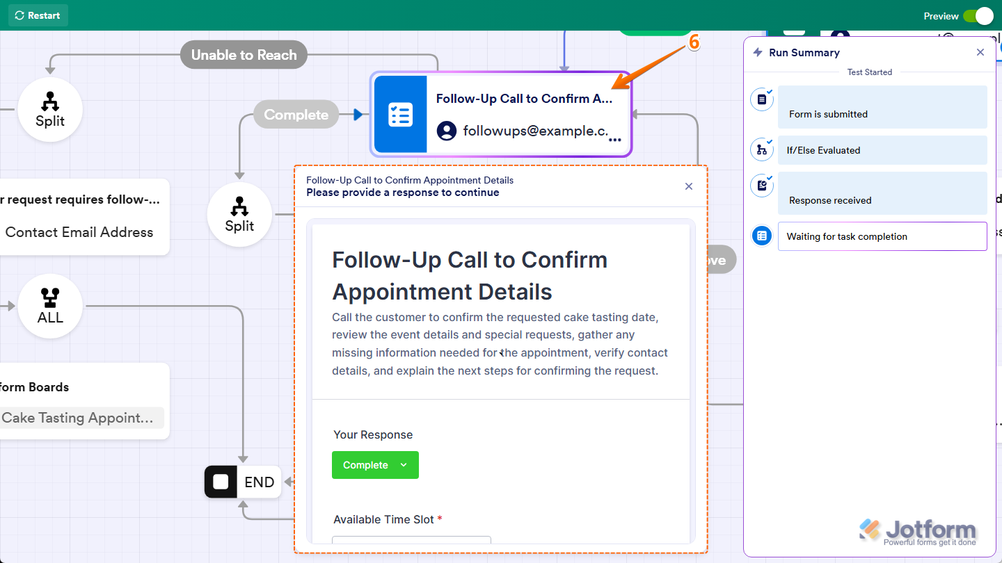 Workflow elements with user interaction in Jotform Workflow Builder Preview mode