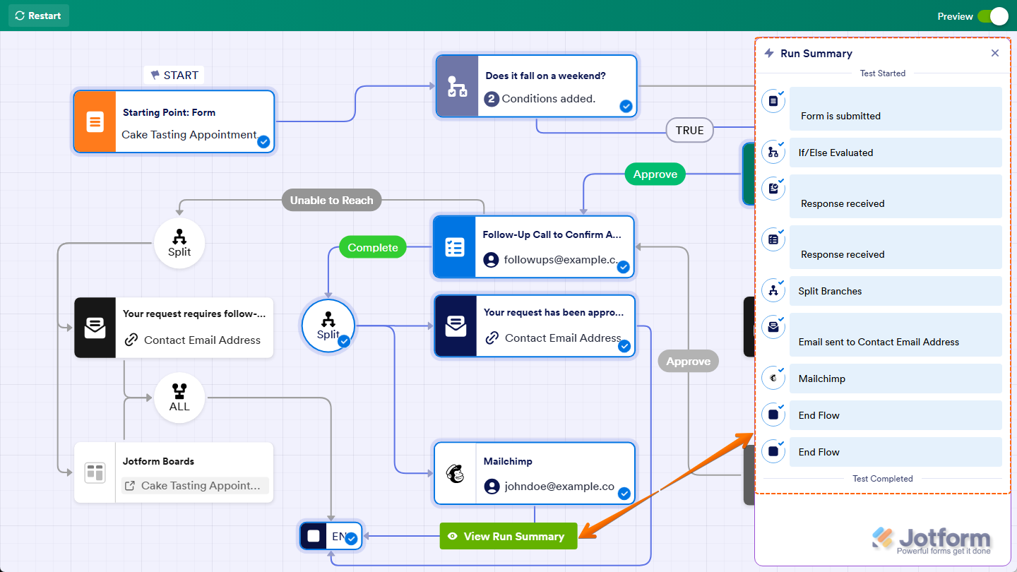 View Run Summary message in Jotform Workflow Builder Preview mode