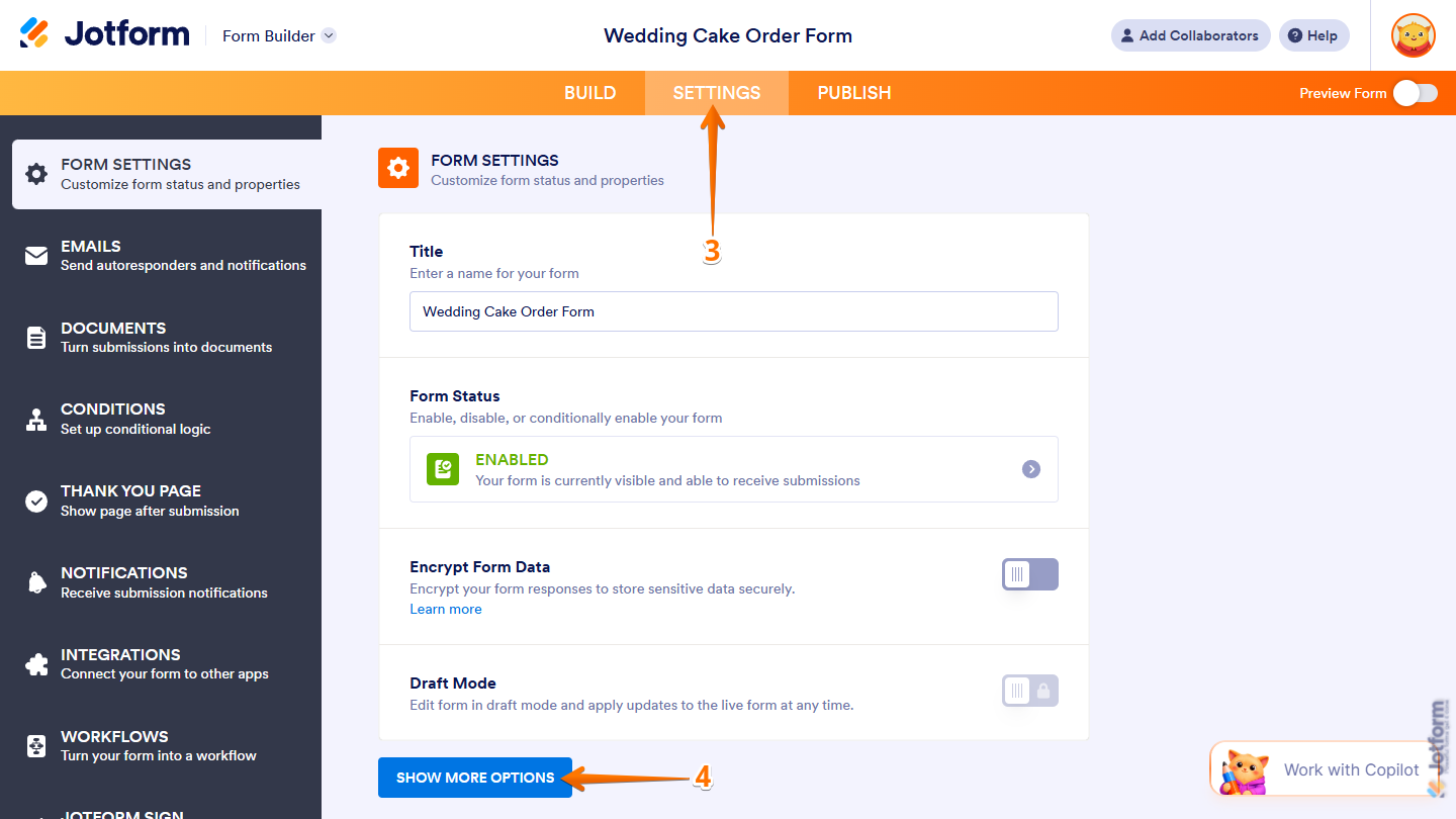 Show More Options button of the Form Settings menu under the Settings tab in Jotform Form Builder