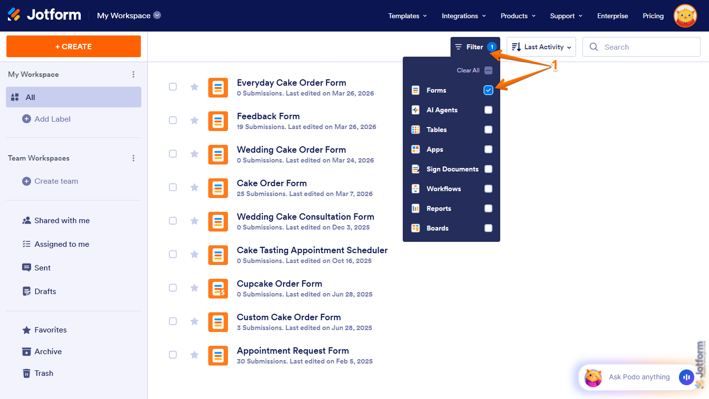 Forms option in the Filter Dropdown Menu on the Jotform Workspace page