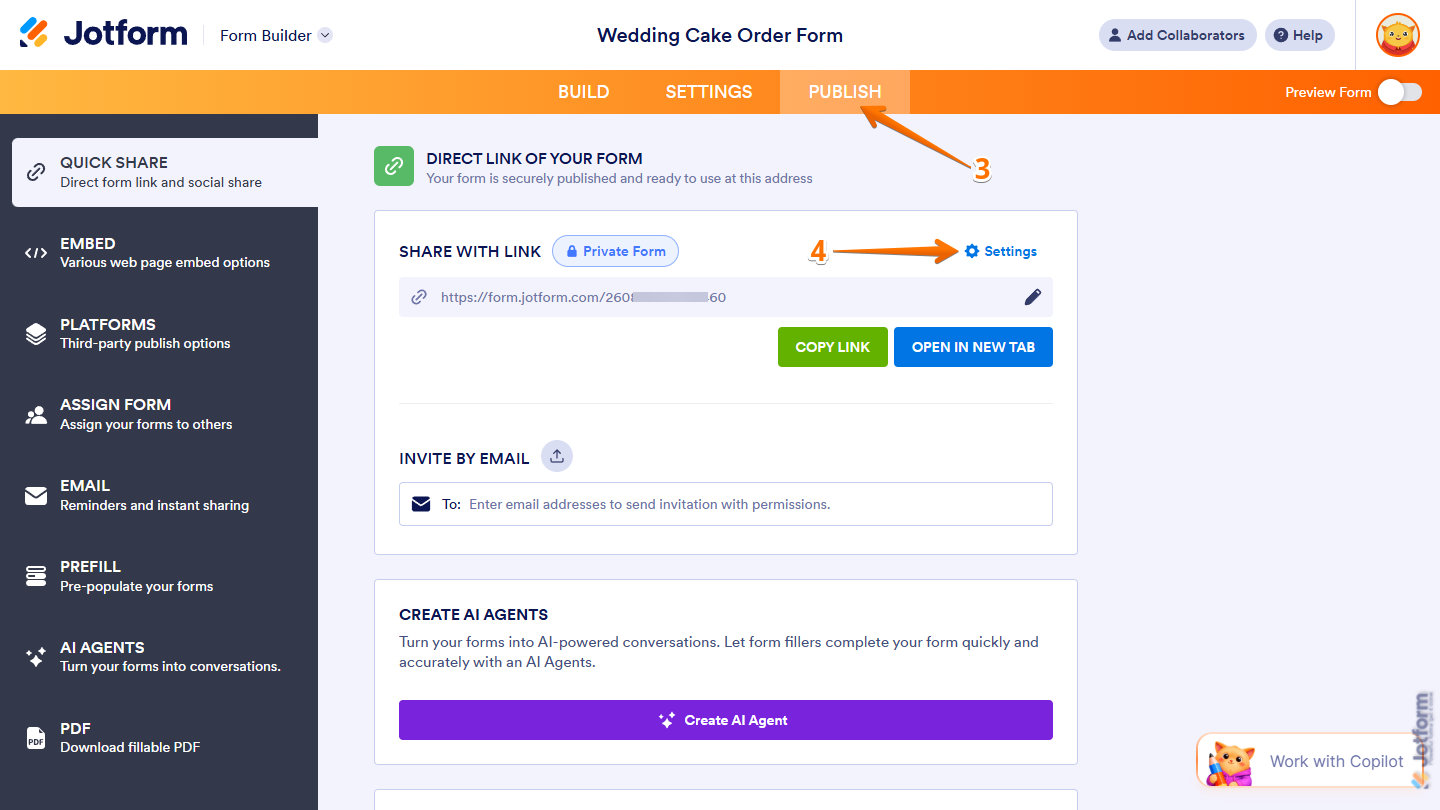 Settings button under the Publish tab in Jotform Form Builder
