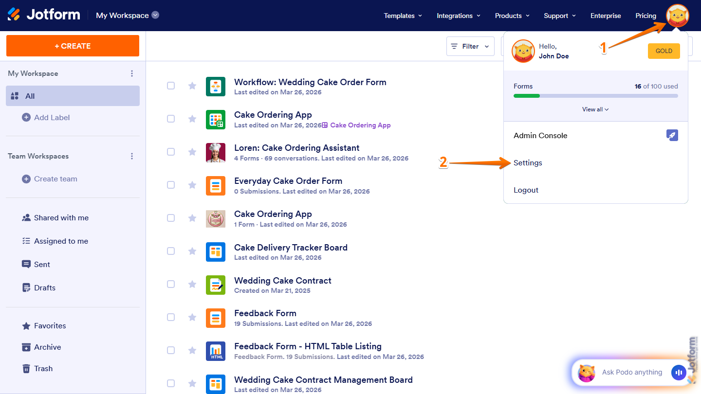 Settings option in the Avatar menu on the Jotform Workspace page