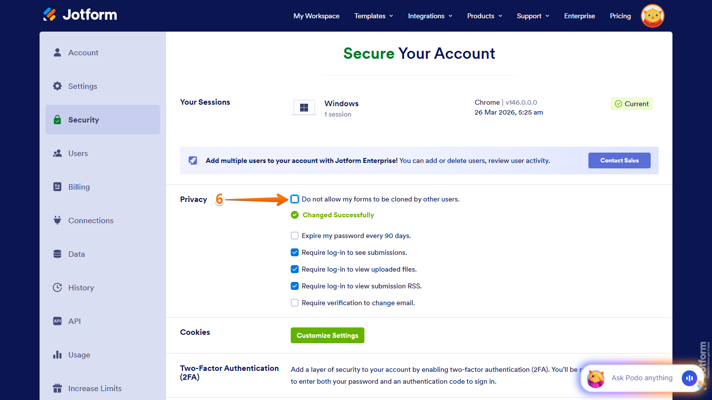 Do not allow my forms to be cloned by other users privacy option on the Jotform Account Security page