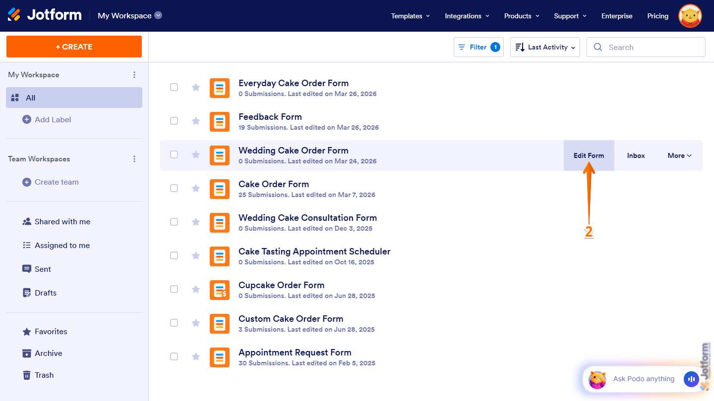 Edit Form button on the Jotform Workspace page