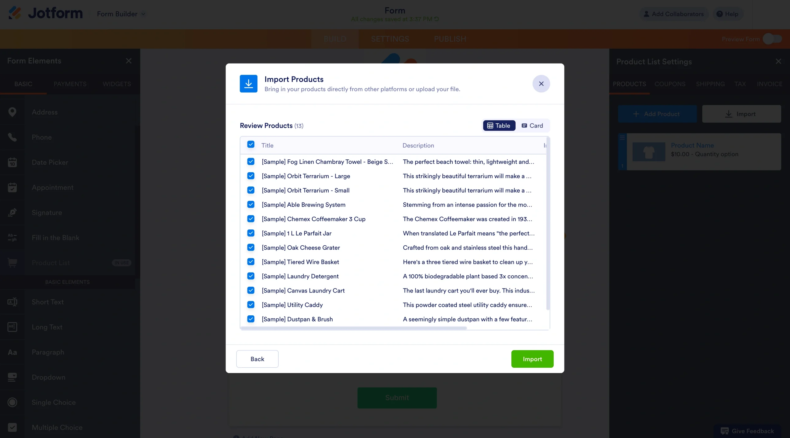 Screenshot of the Import Products modal in Jotform displaying a list of products from a CSV file with checkboxes and an Import button