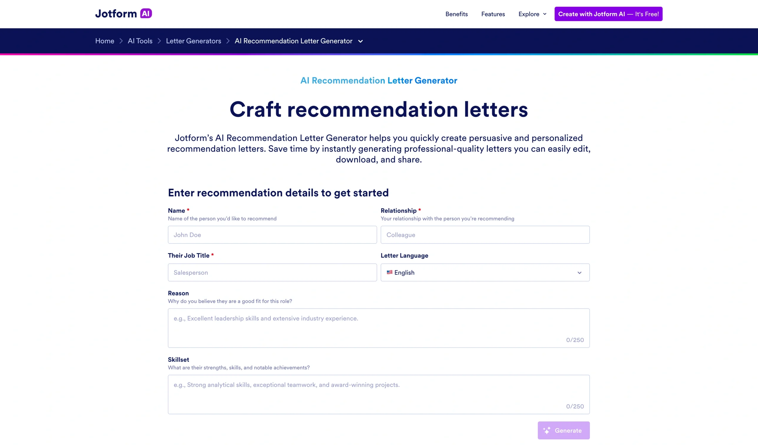 Screenshot of the Jotform AI Recommendation Letter Generator landing page, showing a headline "Craft recommendation letters"