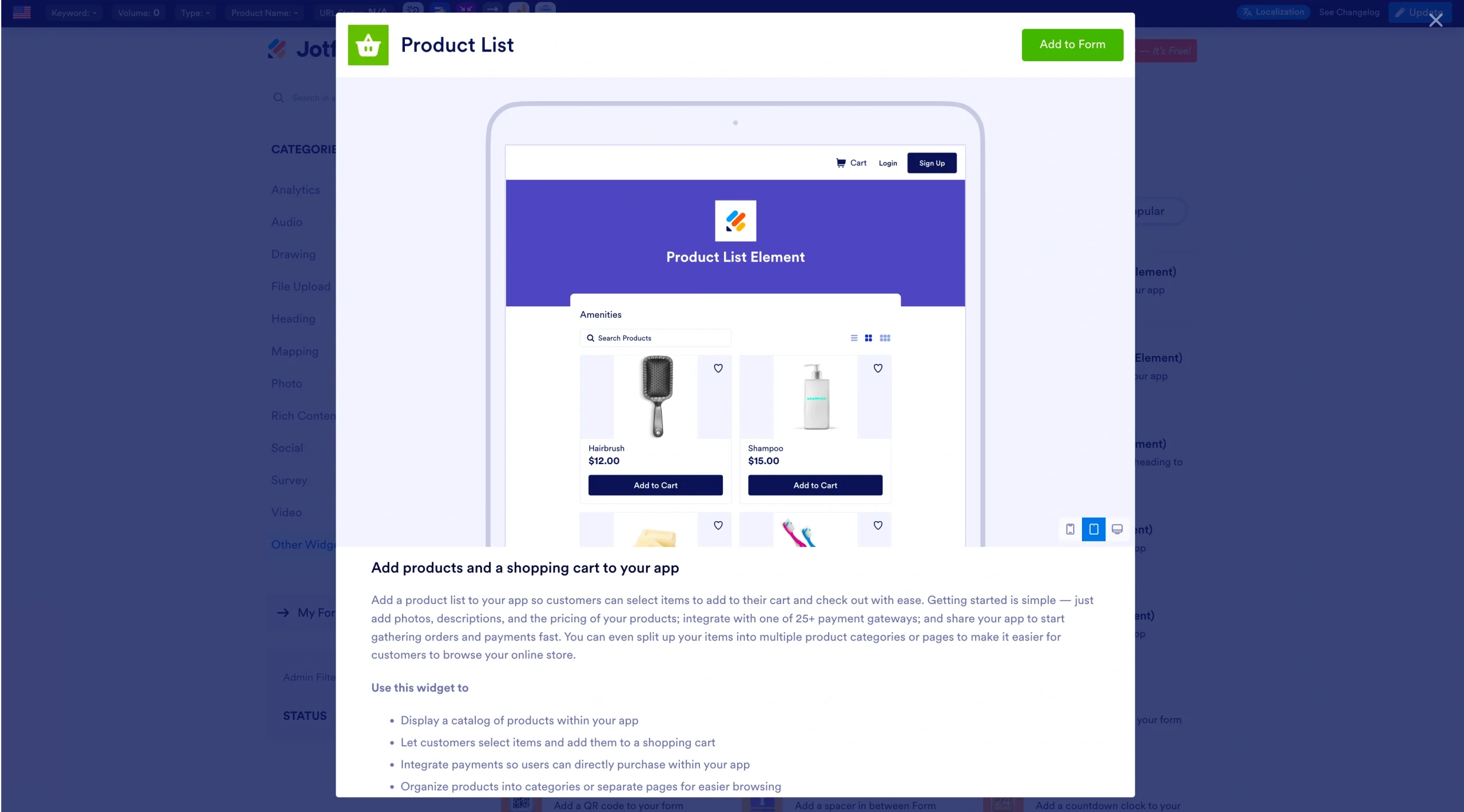 Screenshot of the Jotform Product List widget preview modal showing a sample online store layout with products, prices, and Add to Cart buttons