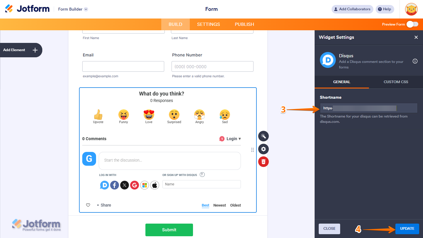 Widget Settings panel showing Shortname Input field and Update button for Disqus widget in Jotform