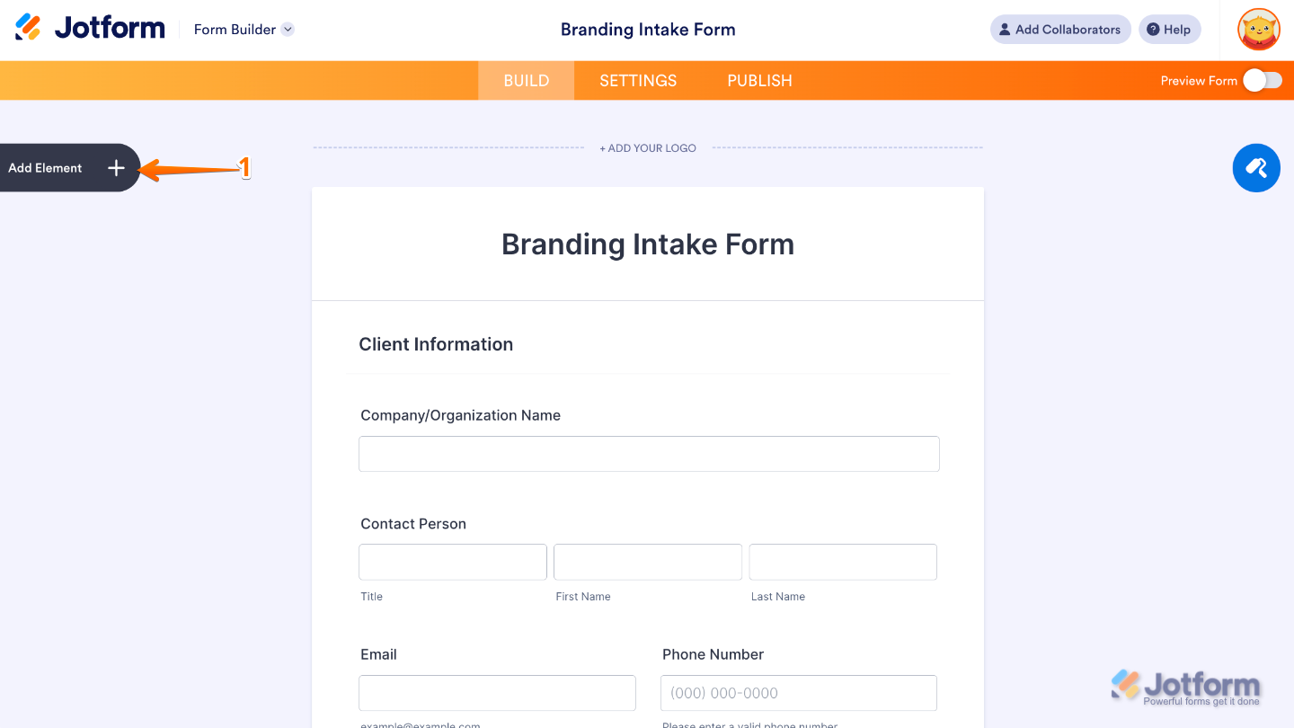 Form Builder interface highlighting the Add Element button on the left panel to add new fields and widgets