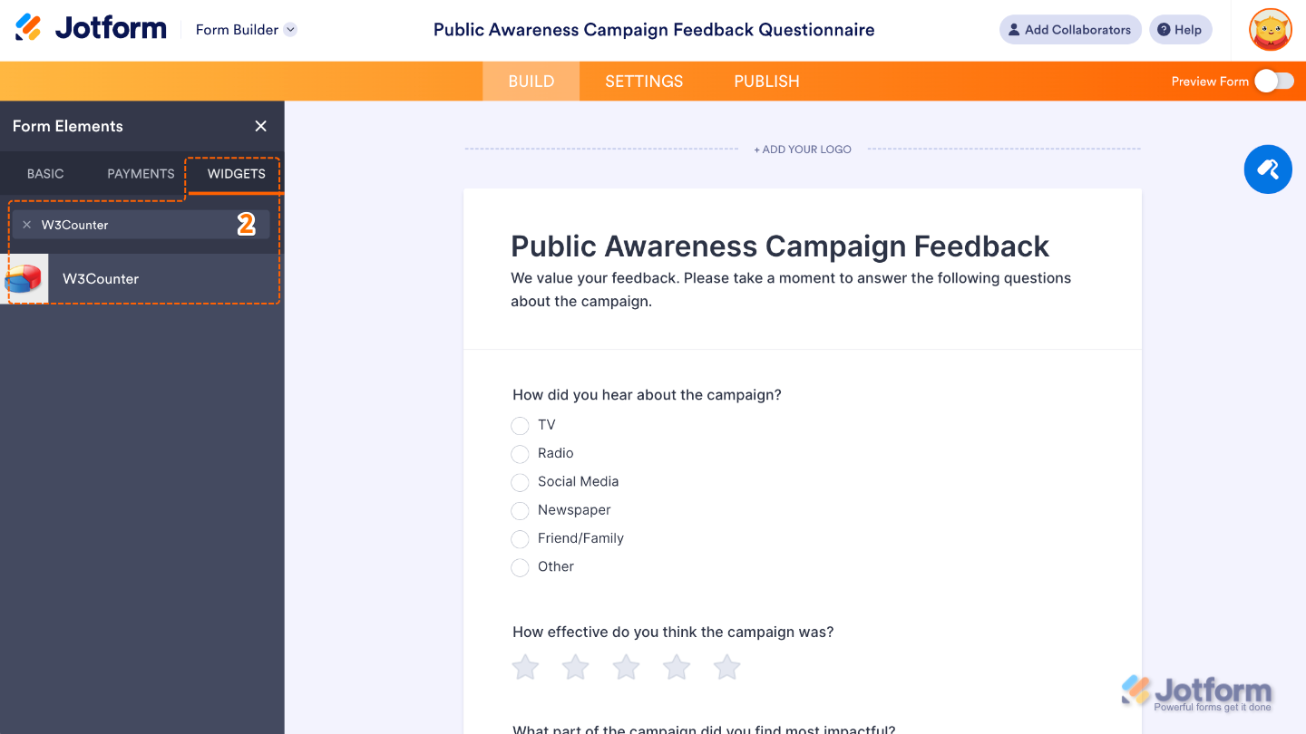 Form Elements panel under the Widgets tab showing the W3Counter widget being searched and added to a form