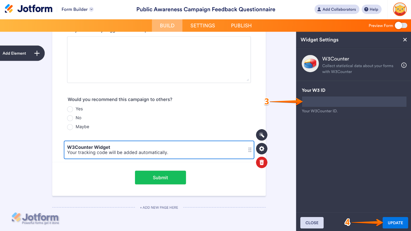 W3Counter widget settings panel showing the Your W3 ID field for entering the tracking identifier