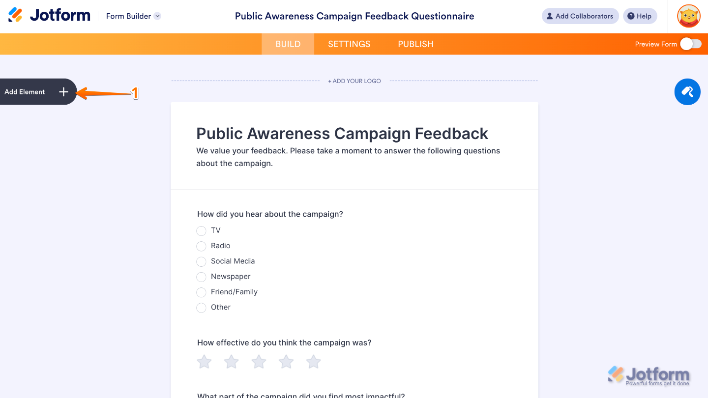 Form Builder interface highlighting the Add Element button on the left panel to add new fields and widgets