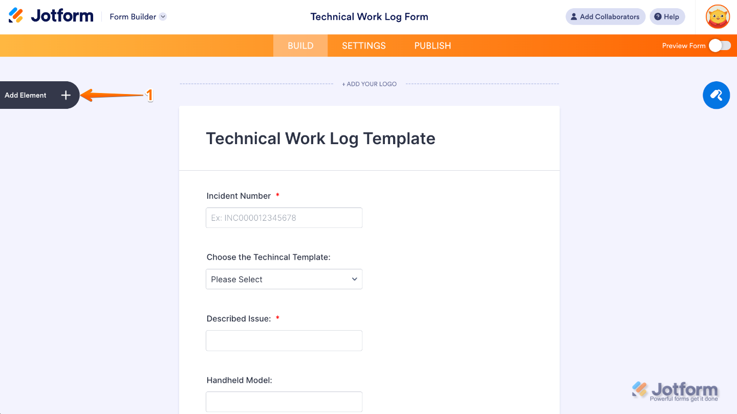 Form Builder interface highlighting the Add Element button on the left panel to add new fields and widgets