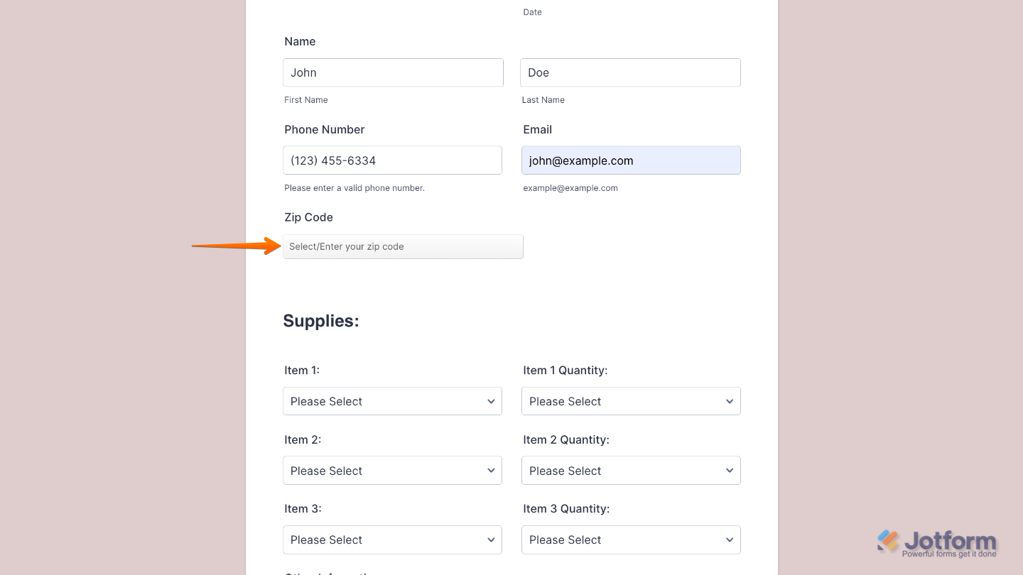 Form with the Zip Code Auto-Suggest widget added, allowing users to quickly enter accurate zip codes with suggestions