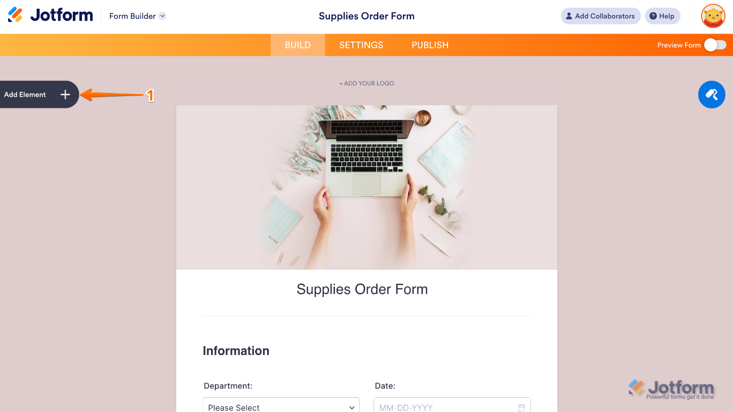Form Builder interface highlighting the Add Element button on the left panel to add new fields and widgets