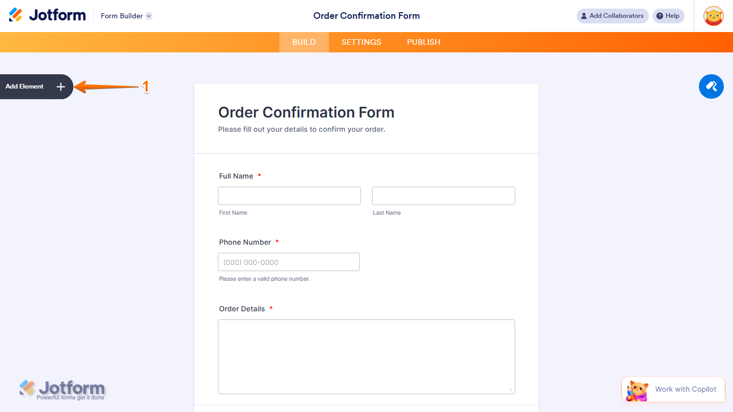 Form Builder showing Add Element button on the left side in Jotform