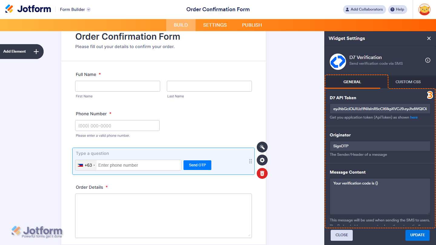 Form Elements Widgets tab showing D7 Verification widget search and selection in Jotform