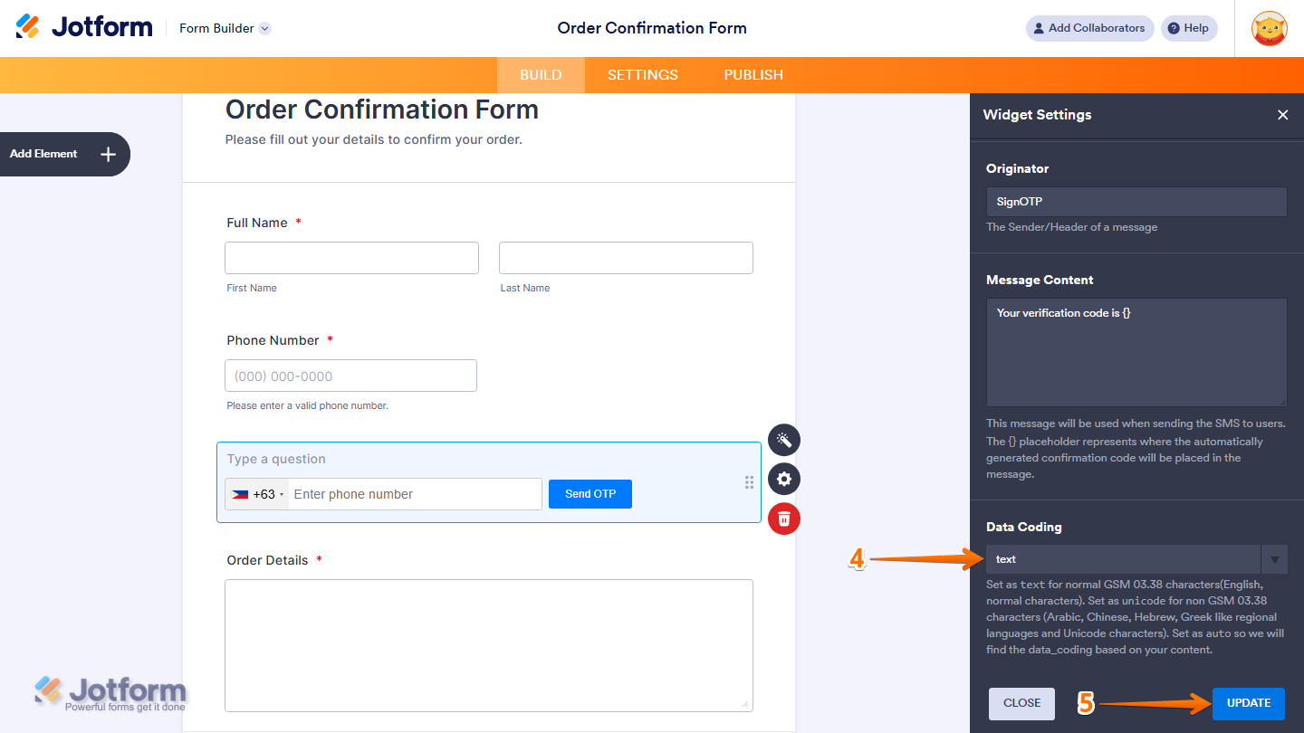 Widget Settings showing Data Coding dropdown with Text Unicode and Auto options in Jotform