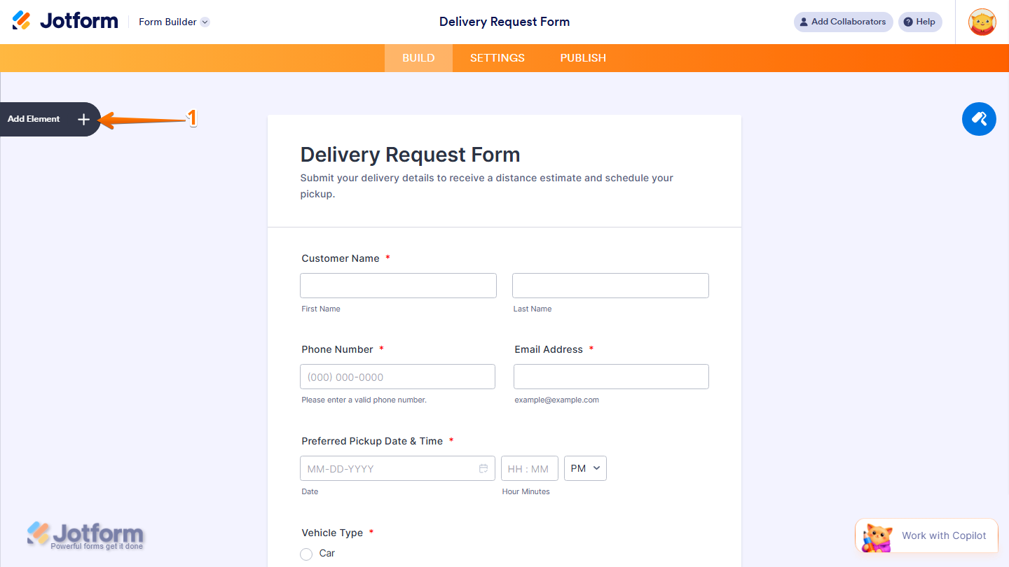 Form Builder showing Add Element button on the left side in Jotform
