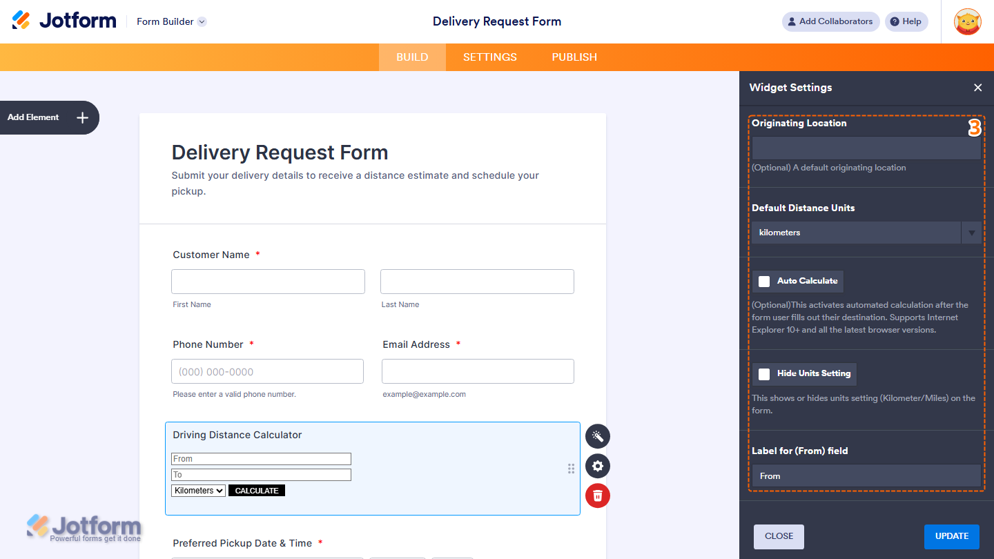 Widget Settings General tab showing Originating Location and distance settings in Jotform