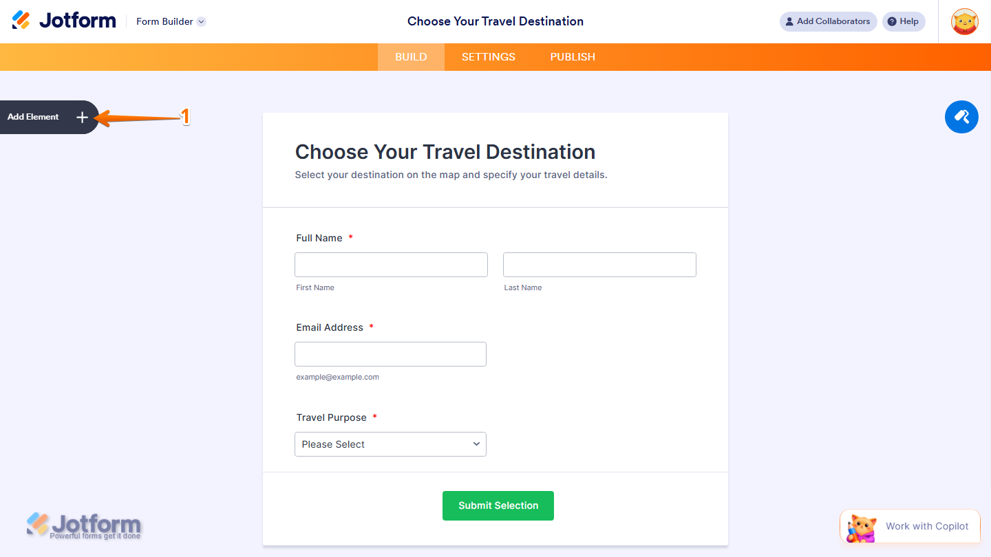 Form Builder showing Add Element button on the left side in Jotform