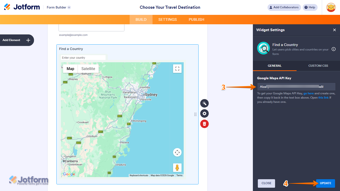 Widget Settings General tab showing Google Maps API Key input field and Update button in Jotform