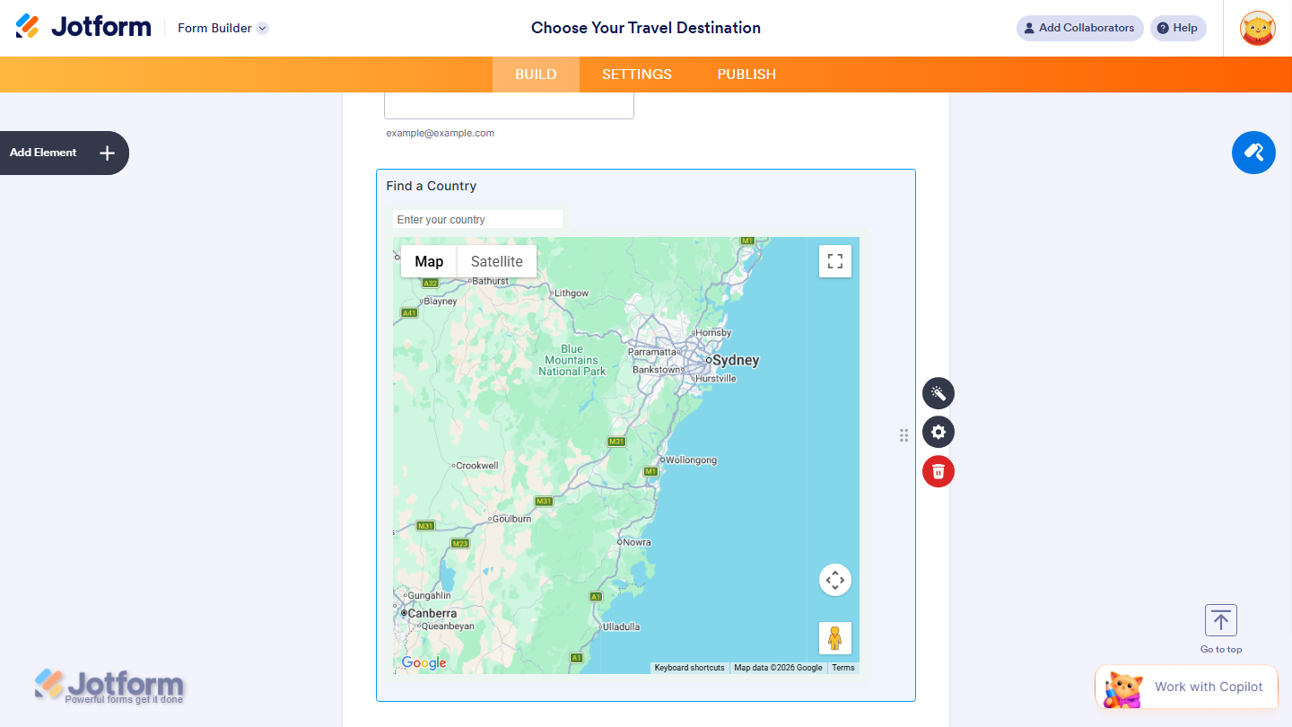Form Builder showing Find a Country widget added to the form in Jotform