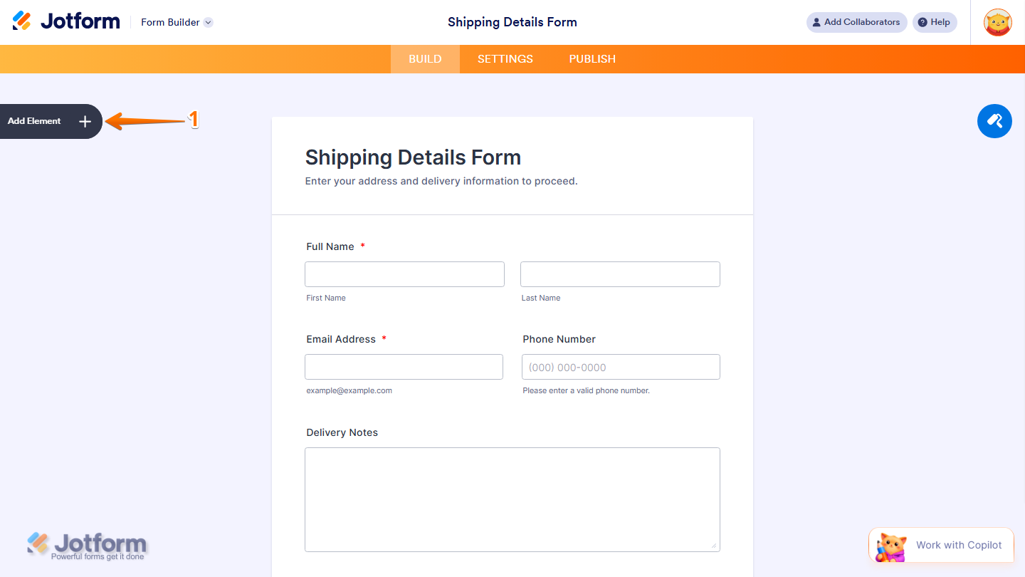 Form Builder showing Add Element button on the left side in Jotform