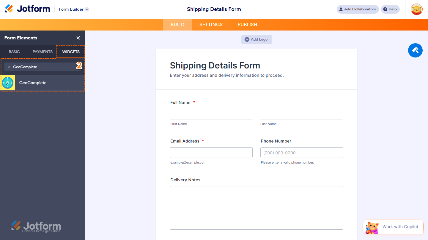 Form Elements Widgets tab showing GeoComplete widget search and selection in Jotform