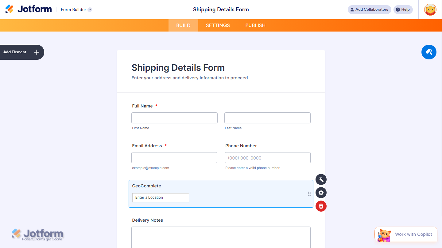 Form Builder showing GeoComplete widget added to the form in Jotform