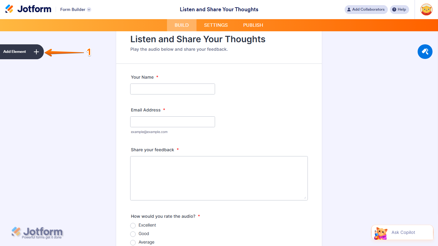 Form Builder showing Add Element button on the left side in Jotform