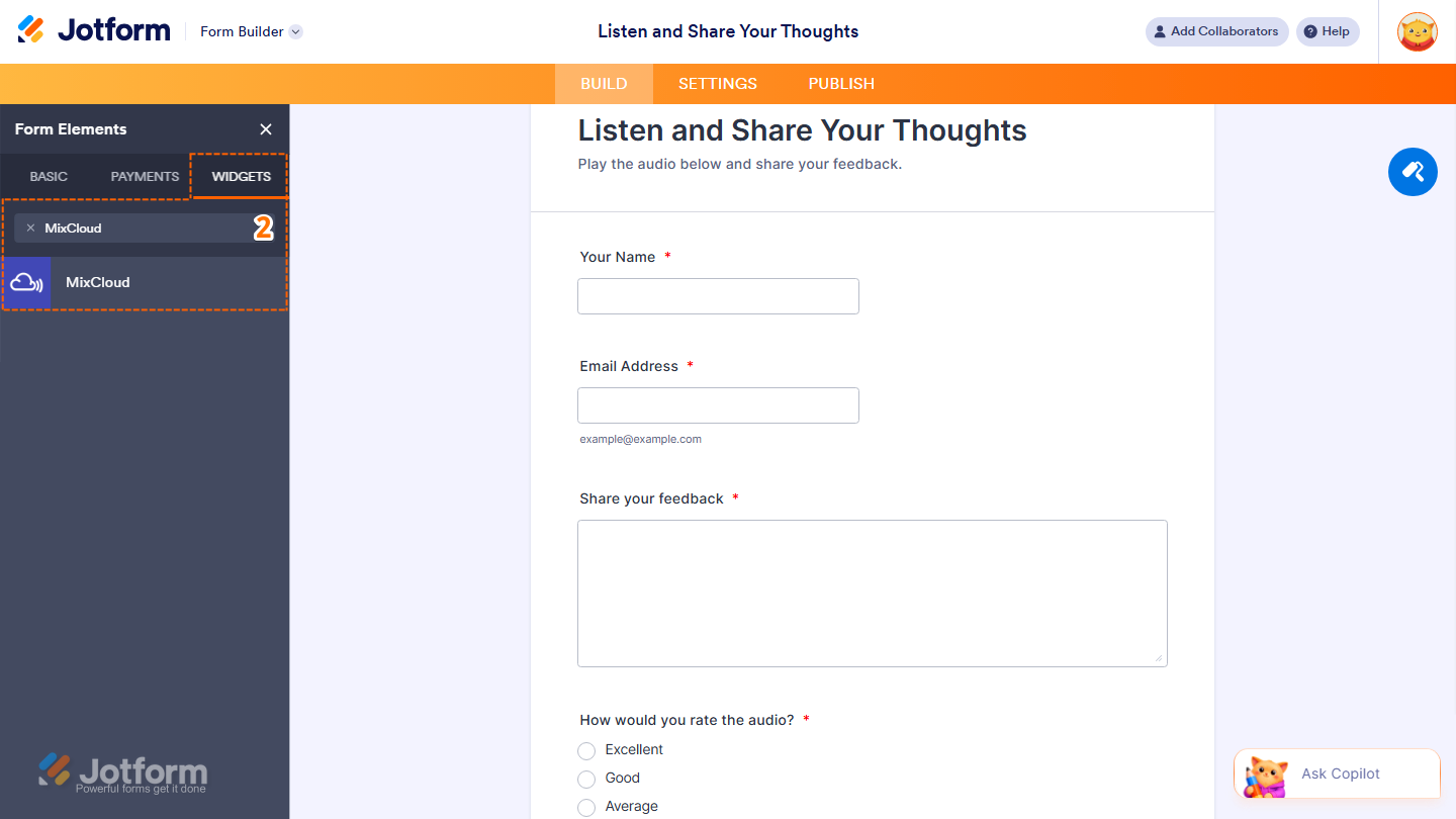 Form Elements Widgets tab showing MixCloud widget search and selection in Jotform