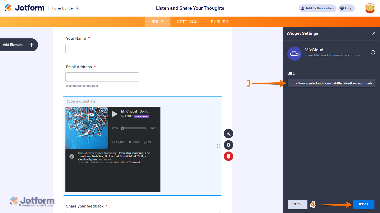 Widget Settings panel showing URL Input field and Update button for MixCloud widget in Jotform